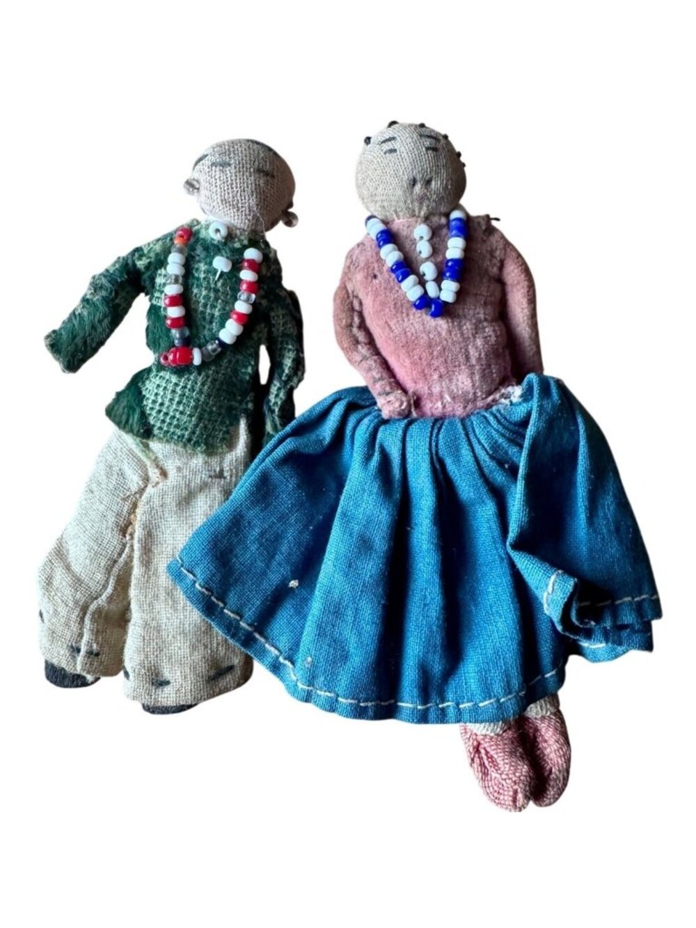 Vintage Handmade Native American Style Cloth Doll Couple Beaded Necklaces